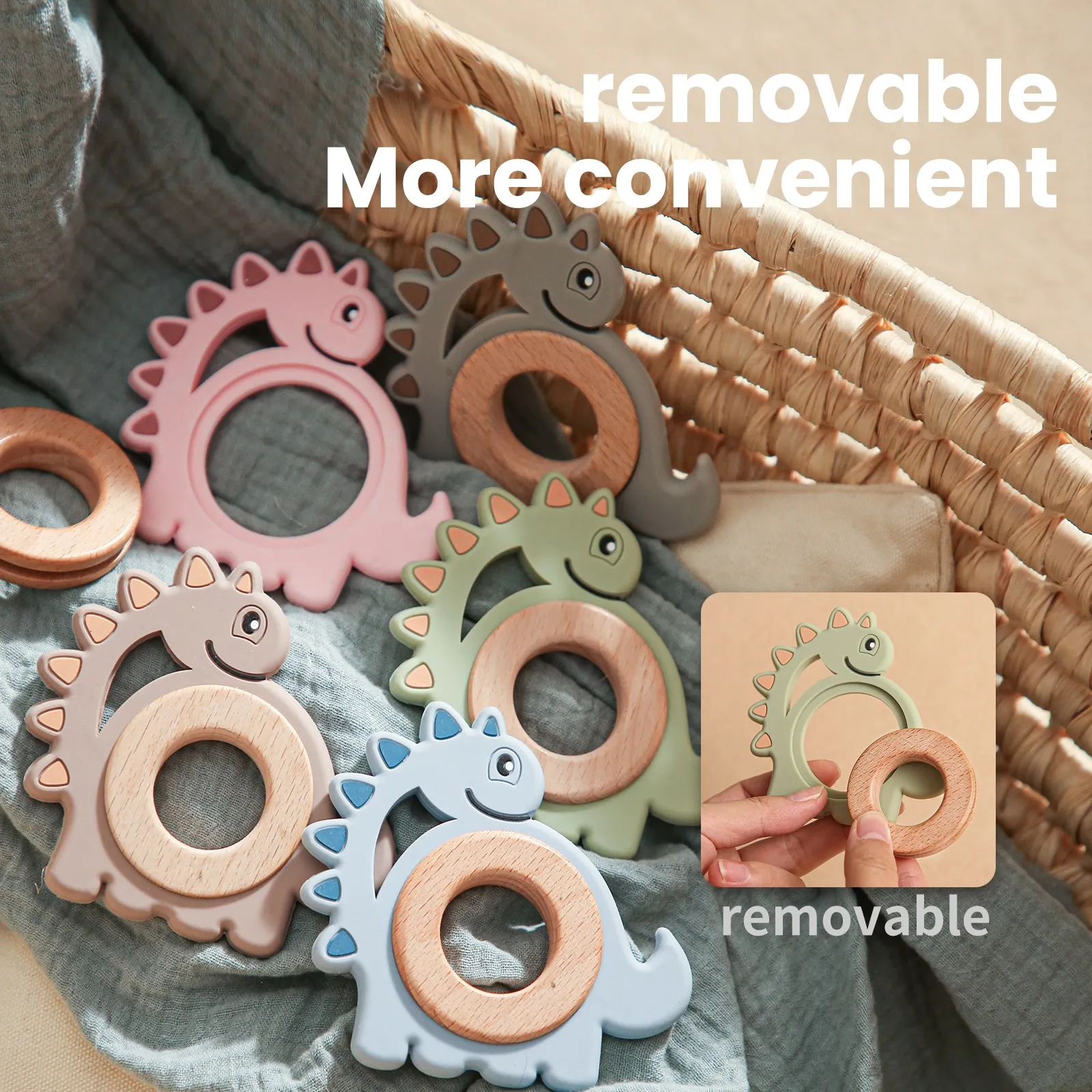 Let's Make Dinosaur Silicone Wood Ring Teether Cute Animal Nursing Pendant Accessories Teething Toys Chew Toy Teether For Teeth 2
