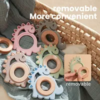 Let's Make Dinosaur Silicone Wood Ring Teether Cute Animal Nursing Pendant Accessories Teething Toys Chew Toy Teether For Teeth 2