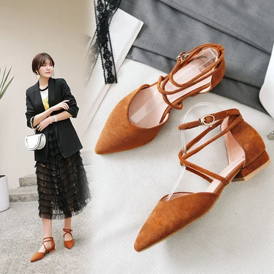 2020 spring and summer new style Baotou sandals women flat buckle thick with shallow mouth suede strap student shoes | Обувь