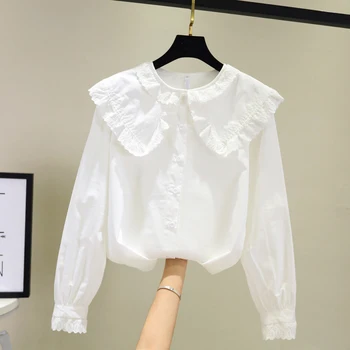 

2020 summer new turn-down collar women blouse o-neck long-sleeved office lady elegant all match white shirts pulls outwear tops