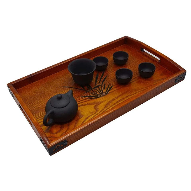 Wood Serving Tray with Handles 17.3 Inch X 11 Inch Tea Tray Decorative Tray Wooden Ottoman Tray
