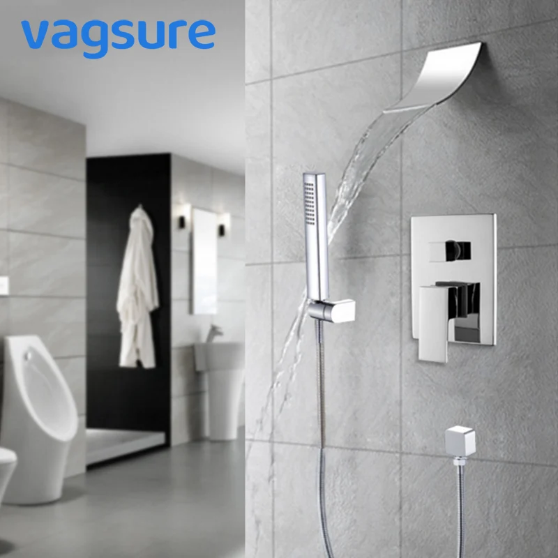 

2way Chromed Waterfall Shower Faucet Set 3 kind of Top Shower Wall Mounted Embedded Box Shower System Bathroom with Hand Shower