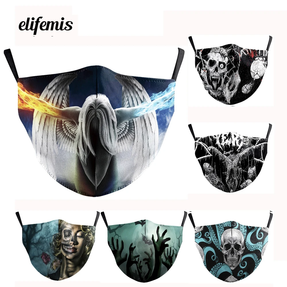 

Horror Skull Zombie Printing Mouth Mask Men Women Protective Face Mask with Filter Anti Dust Reusable Halloween Party Mask