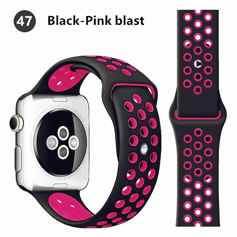 Силиконовый ремешок для Apple watch band 44 мм/40 мм iWatch band 42 мм/38 мм дышащий спортивный ремешок для часов Браслет Apple watch 5 4 3 2 1 - Цвет ремешка: black-pink  blast