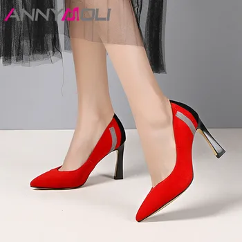 

ANNYMOLI High Heels Women Pumps Kid Suede Super High Heels Party Shoes Genuine Leather Mixed Colors Shoes Ladies Red Size 34-39