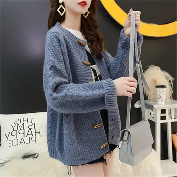 

Winter Cardigan Women Sweater Retro Loose O-neck Twist Knitted Sweater Female 2019 Horn Buckle Long Sleeve Knit Sweater