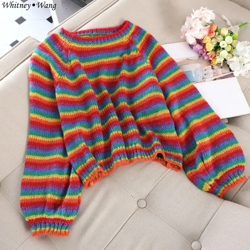 

WHITNEY WANG 2019 Autumn Winter Fashion Streetwear Striped Rainbow Sweater Women Jumper Pull femme sueter mujer invierno