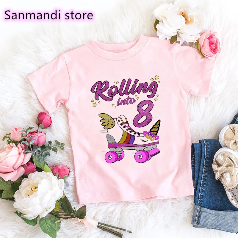t shirt kid New Arrival 2021 Pink Tshirt Tops For Girls Kids Clothes Rolling Into 7th Birthday Unicorn Roller Skate Party T Shirt Streetwear t-shirt for kid girl	