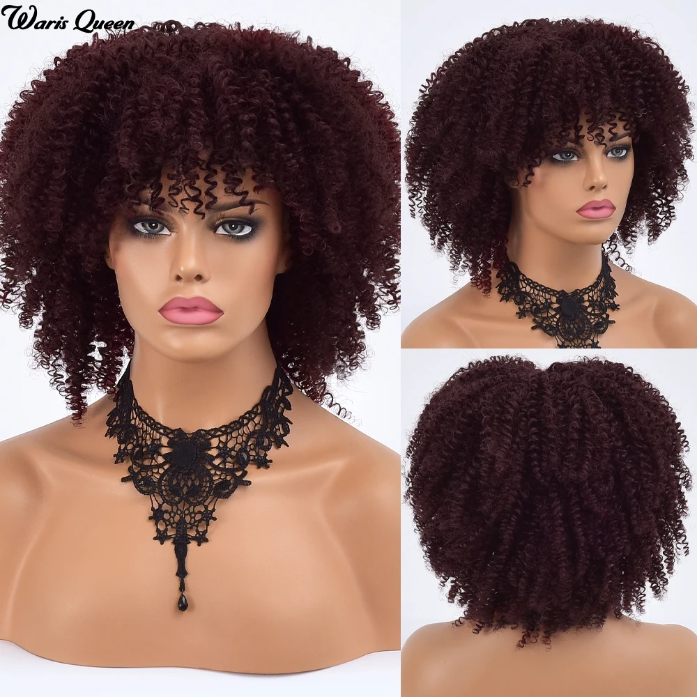 

Wine red With Bangs Synthetic Kinkly Curly Wigs for Women Nature Short Afro Cosplay Heat Resistant Glueless Wig