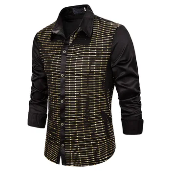 

Shiny Gold Sequins Silk Satin Shirt Men Chemise Homme 2019 Fashion DJ Nightclub Mens Dress Shirts Party Wedding Tuxeod Shirt XXL