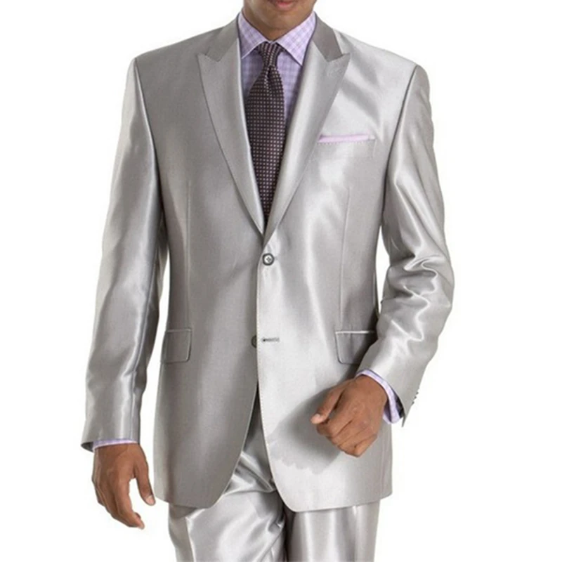 2022 New Arrival Mens Suits Groomsmen Peak Lapel Groom Tuxedos Shiny Silver Wedding Best Man Suit sport coat