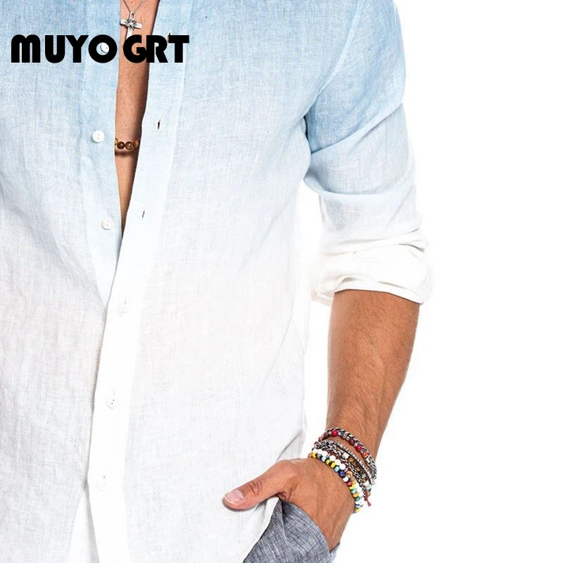 MUYOGRT новые мужские рубашки с длинным рукавом градиентные хлопковые льняные