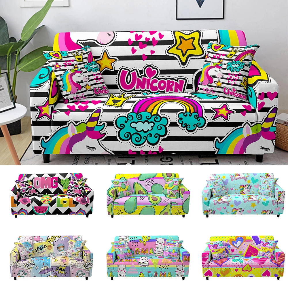 Cartoon Unicorn Stretch Sofa Slipcover Elastic Covers for Living Room funda sofa Chair Couch Cover Home Decor 1/2/3/4-seat | Дом и сад