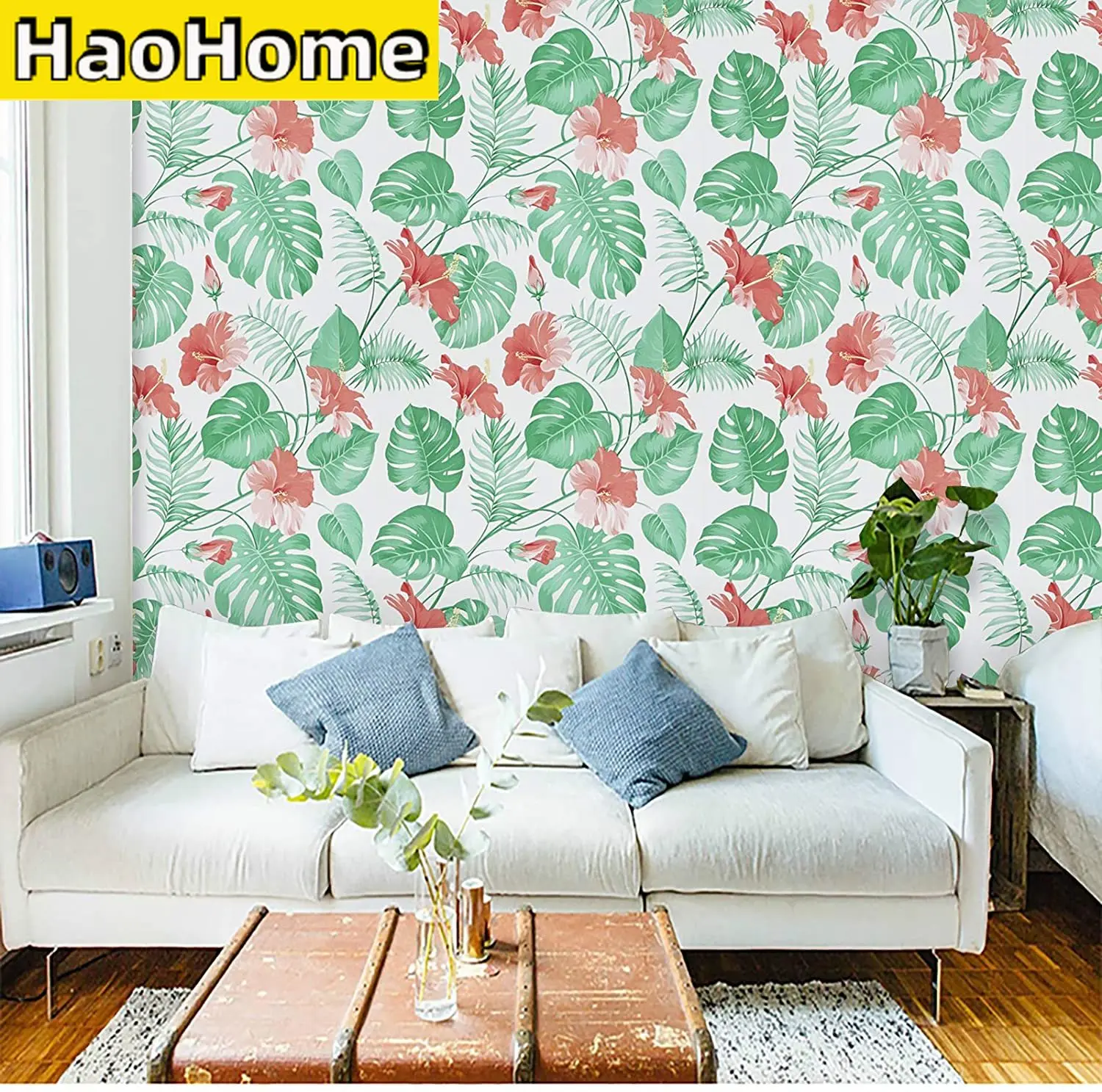 Red Floral Self Adhesive Wallpaper Tropical Flowers Peel and Stick Wallpaper Vinyl Waterproof Removable Palm Contact Paper
