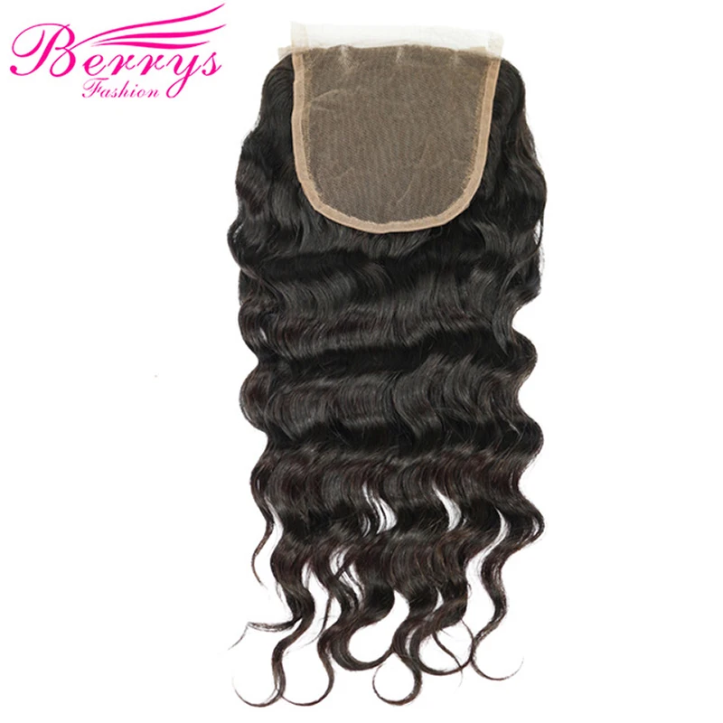 [Berrys Fashion] перуанские Виргинские волосы свободная волна Кружева Закрытие 4*4 человеческие волосы свободная часть Отбеленный узел закрытие натуральный цвет