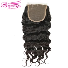 [Berrys Fashion] перуанские Виргинские волосы свободная волна Кружева Закрытие 4*4 человеческие волосы свободная часть Отбеленный узел закрытие натуральный цвет