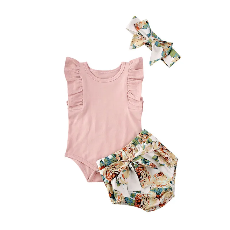 

2020 Summer Newborn Kid Baby Girl Clothes Ruffle Sleeve Romper Floral Shorts Headband Outfit