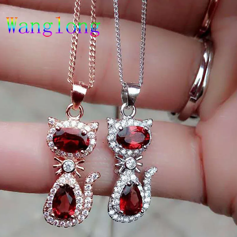 Wanglong 925 пробы серебро натуральный гранат кошка кольцо/ожерелье набор 8*10 мм обручение подарок камень по дню рождения хорошее удача ювелирные изделия