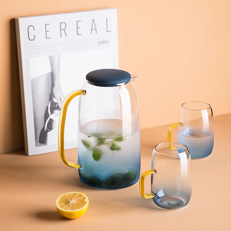 JINYOUJIA-Nordic Style Heat Resistant Glass Kettle Set, Water Juice Jug, Gradient Blue Color, Food Grade Silicone Lid