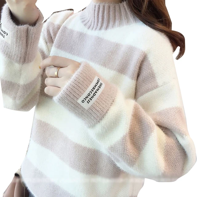 $US $102.98 Women Long Sleeves Half Turtleneck Knitted Sweater Stitching Contrast Pullover