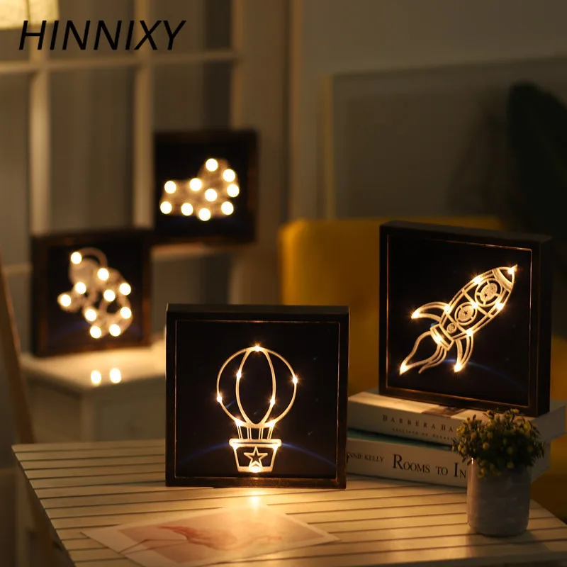 Hinnixy Nordic Bedside Lamp Retro Photo Frame Animal Plant Spacecraft Living Room Wall Decoration Christmas Gift Night Lights