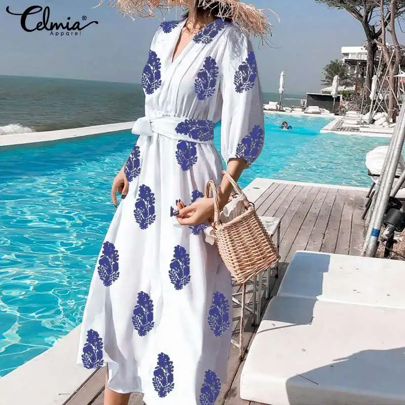 

Women's Sexy V Neck Summer Dress 2019 Celmia Bohemian Printed Sundress 3/4 Sleeve Casual Loose Party Vestidos Belted Plus Size