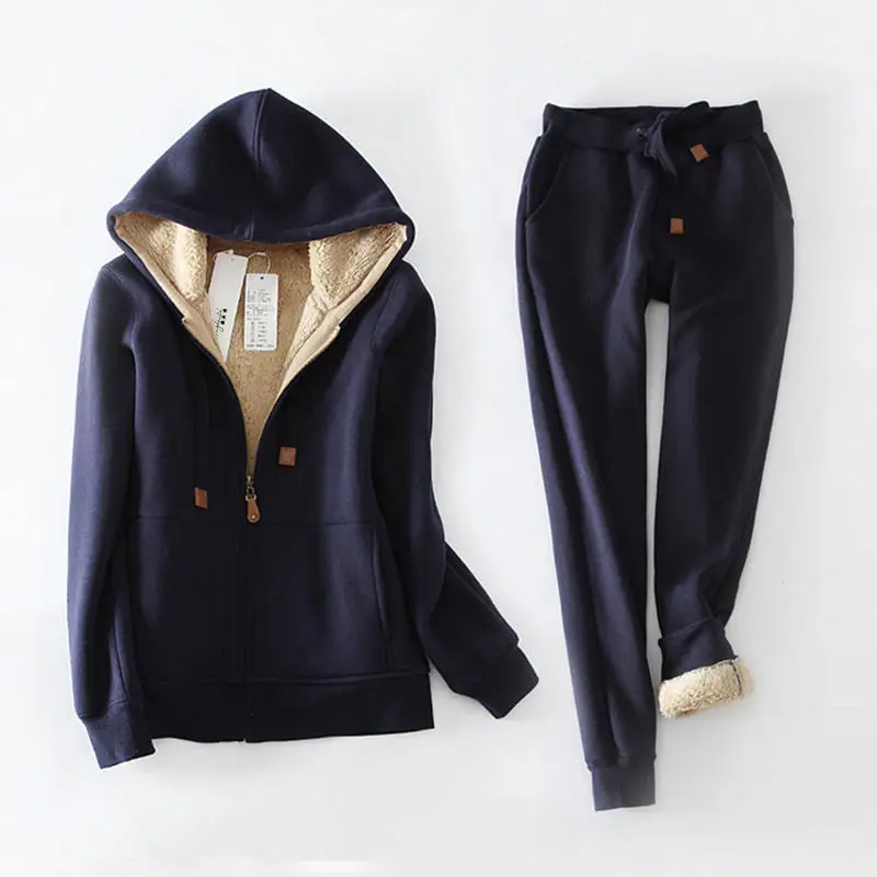 Navy blue Hoodies 3XL с капюшоном плюс бархатный спортивный костюм толстовки женские свободные осень зима овчина толстый Двухсекционный теплый свитер женские толстовки Q2090 - Цвет: Navy blue Hoodies