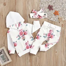 Зимняя одежда для маленьких девочек; хлопковые толстовки с длинными рукавами и цветочным принтом и капюшоном; штаны; повязка на голову; Изысканная одежда для детей