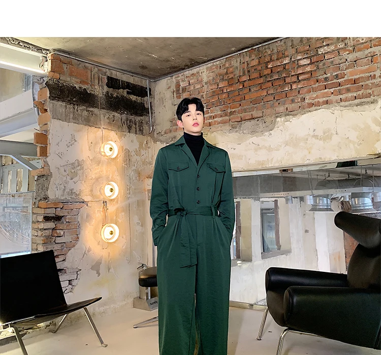 Men Long Sleeve Loose Wide Leg Pants with Belt Overalls Male Vintage Streetwear Hip Hop Casual Harem Trousers Jumpsuit Pant