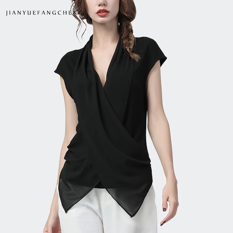 fashion-chiffon-short-sleeve-women'-blouse-new-2020-ladies-summer-tops-crossed-v-neck-elegant-slim-knitted-viscose-black-shirt