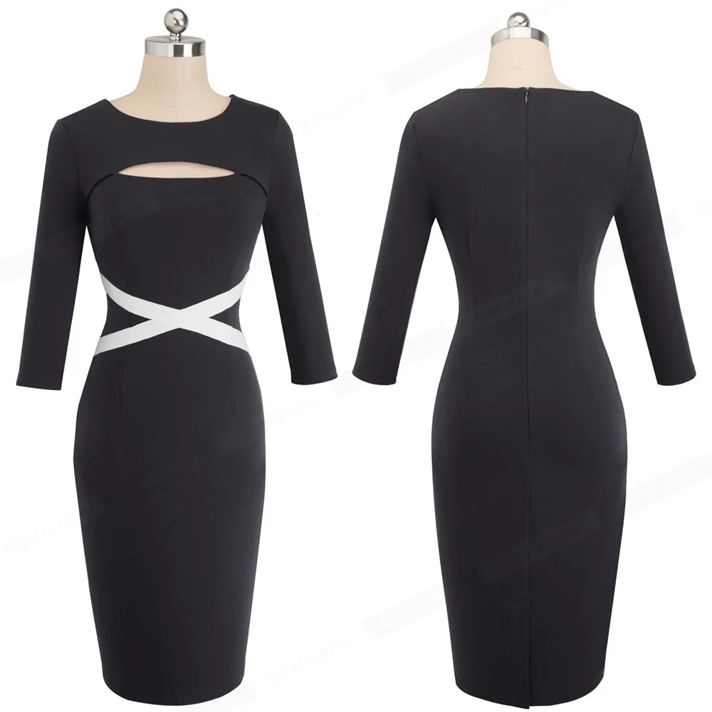 Tanie Ładny zawsze Vintage elegancki kontrast kolorowy patchwork drążą pracę vestidos Business Party Bodycon biuro kobiety sukienka B490