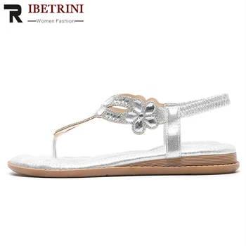 

RIBETRINI Ins New In Gilrs Sandals Round Toe Floral Rhinestone Flip Flop Silver Sandals Women Low Heel Summer Shoes Woman