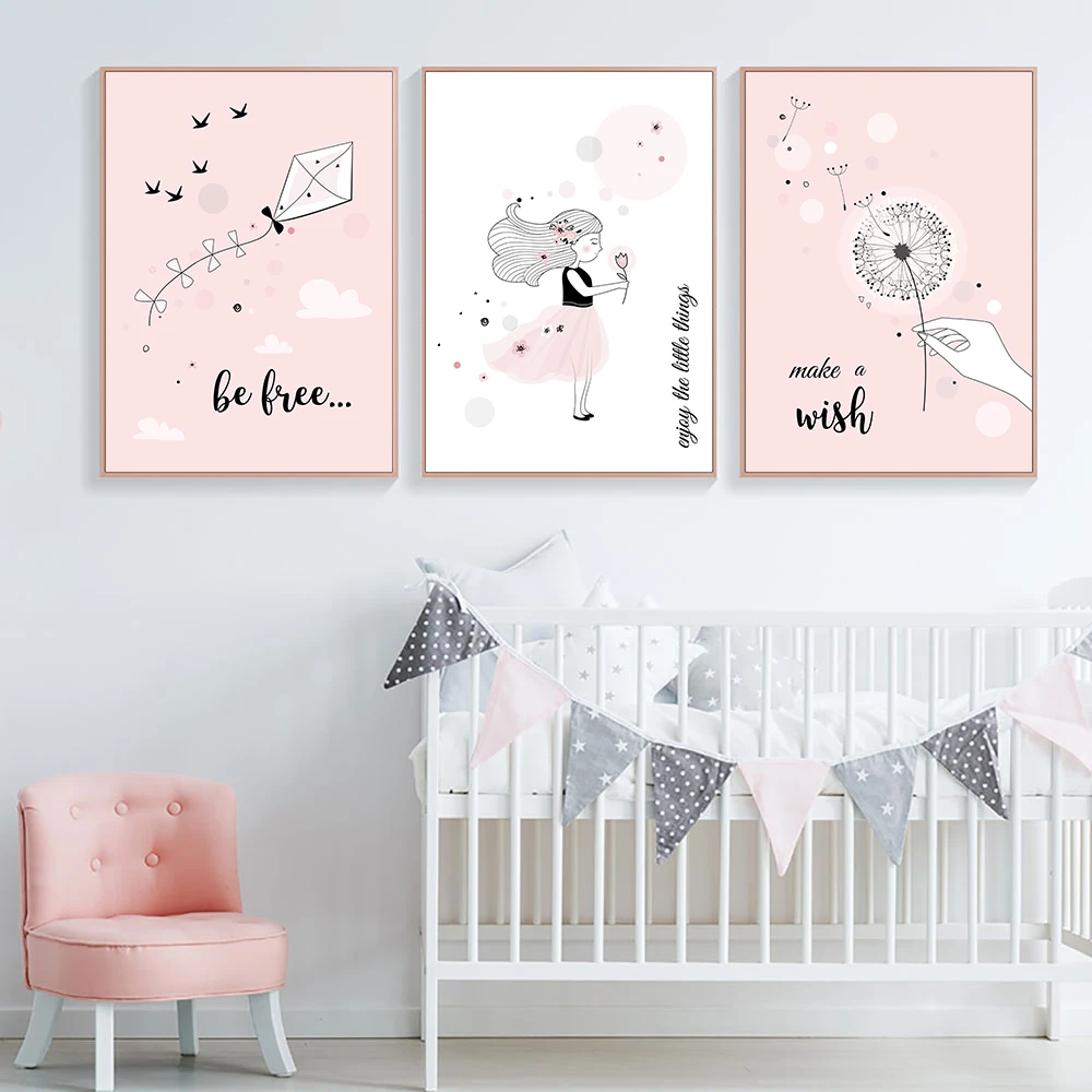 Pink Baby Girl Room Decor Nordic Kids Poster For Children Nursery Wall Art Cartoon Kite Pictures Posters Prints Canvas Painting Painting Calligraphy Aliexpress