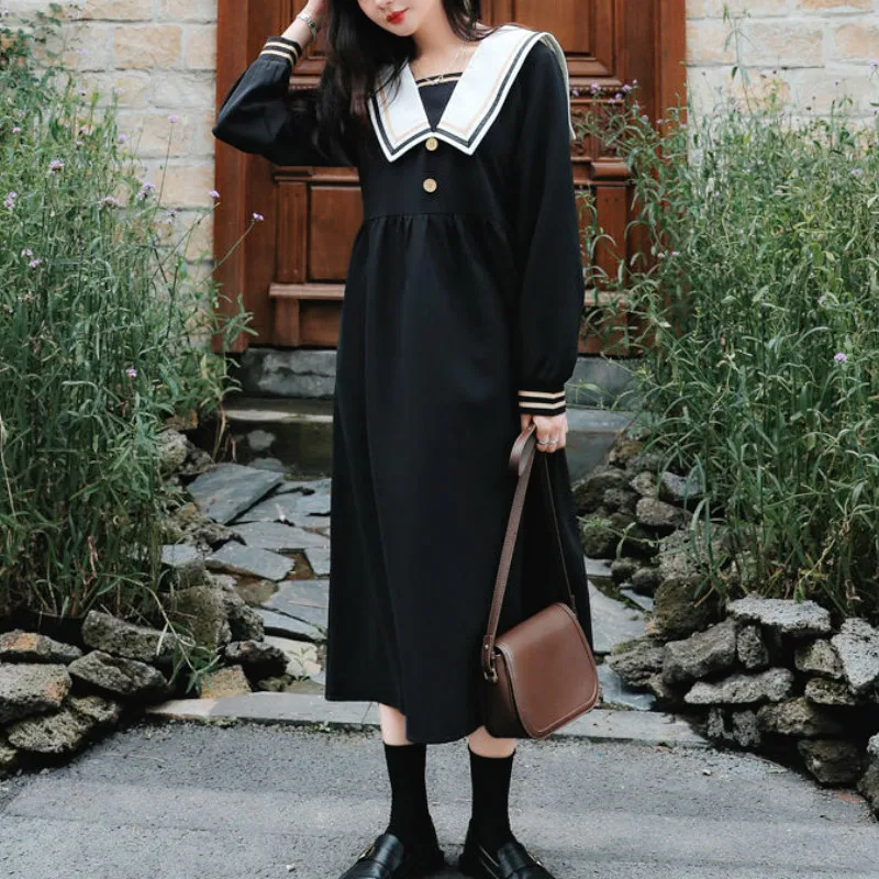 Black Gothic Dress Women Vintage Swee Kawaii Midi Dress Girls Japanese Retro Korean One Piece Dress Autumn Women S Clothing Dresses Aliexpress