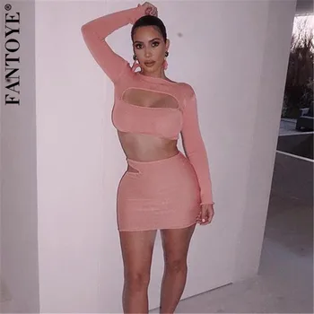 

FANTOYE Pullover Hollow Out Women Two Piece Set Dress Solid Long Sleeve Short Top Summer Set Pink Skinny Party Ladies Suits 2020