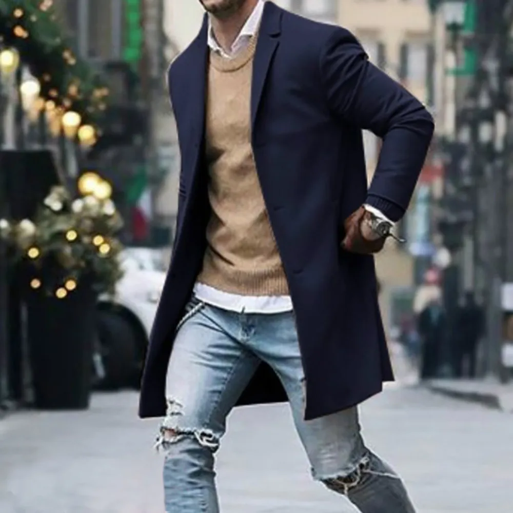 Men's Trench Autumn Winter Long Sleeve Long Jacket Casual Slim Fit Coat Single Breasted Business Overcoat manteau homme#Z