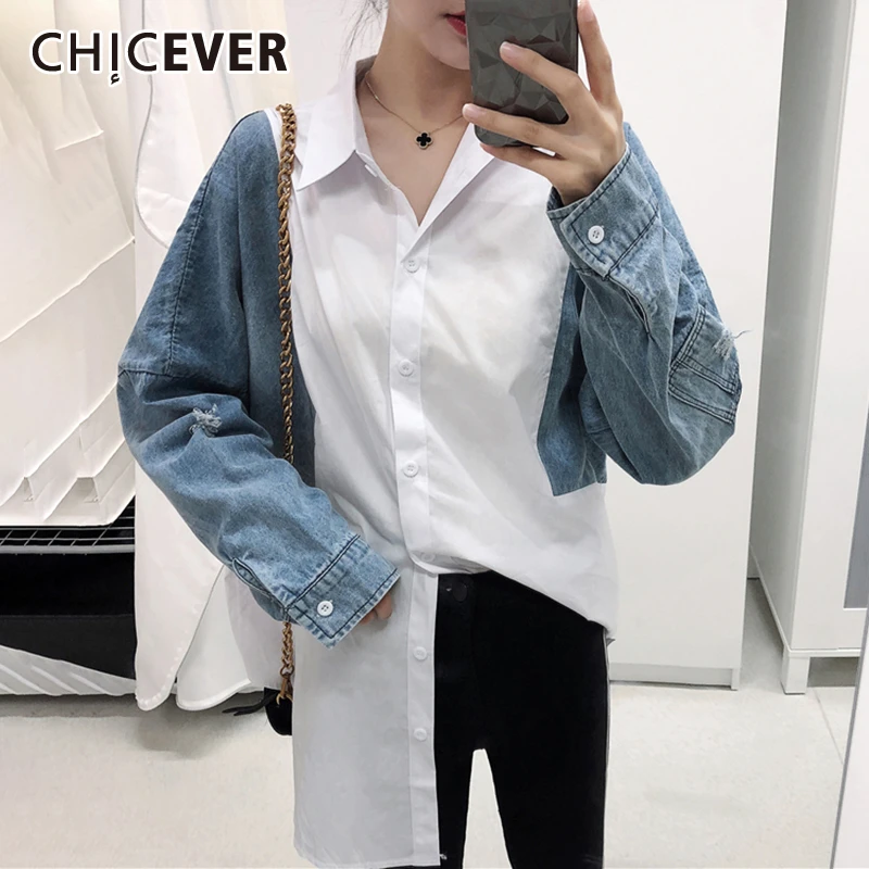CHICEVER/Корейская джинсовая рубашка в стиле пэчворк, хит цвета, женская рубашка, воротник с лацканами, длинный рукав, Свободная Повседневная Блузка для женщин,, модная новинка