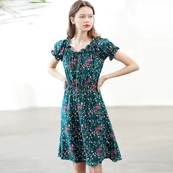 

100% Silk Women Slash Floral O Neck Short Ruffles Sleeve Elastic Waist A-line Top Grade Fabric Casual Style Summer New Fashion