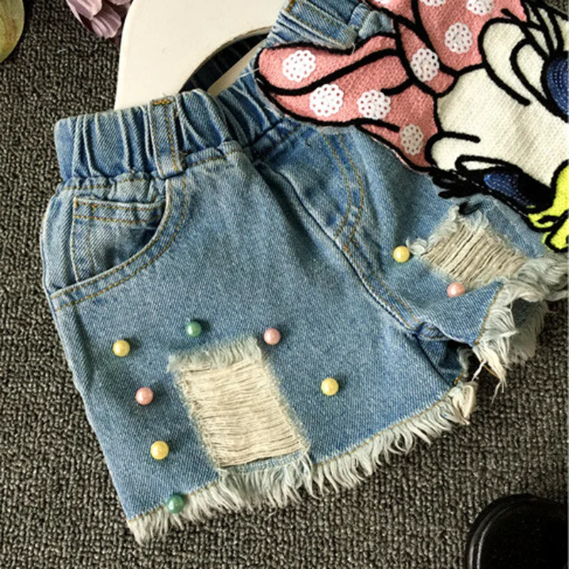 Джинсы с рисунком утки; джинсовые шорты для девочек; рваные джинсы для малышей; летние шорты с блестками и жемчугом; штаны для девочек; одежда для детей