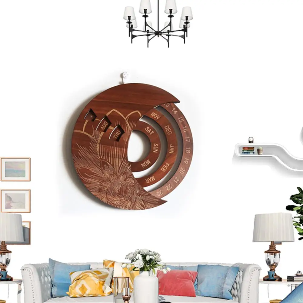 Wooden Round Turntable Calendar Creative Wooden Wall Calendar Wall Hanging Crafts Desktop Decorative Classic Gift