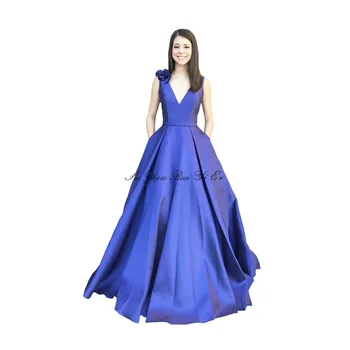 

Blue V-neck Prom Dresses Satin A-line Formal Evening Dress With Bow Corset Back Long Dress With Pockets Vestido De Festa