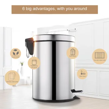 

Round Stainless Steel Step Trash Can Wastebasket Garbage Container Bin for Bathroom Bedroom Kitchen DNJ998