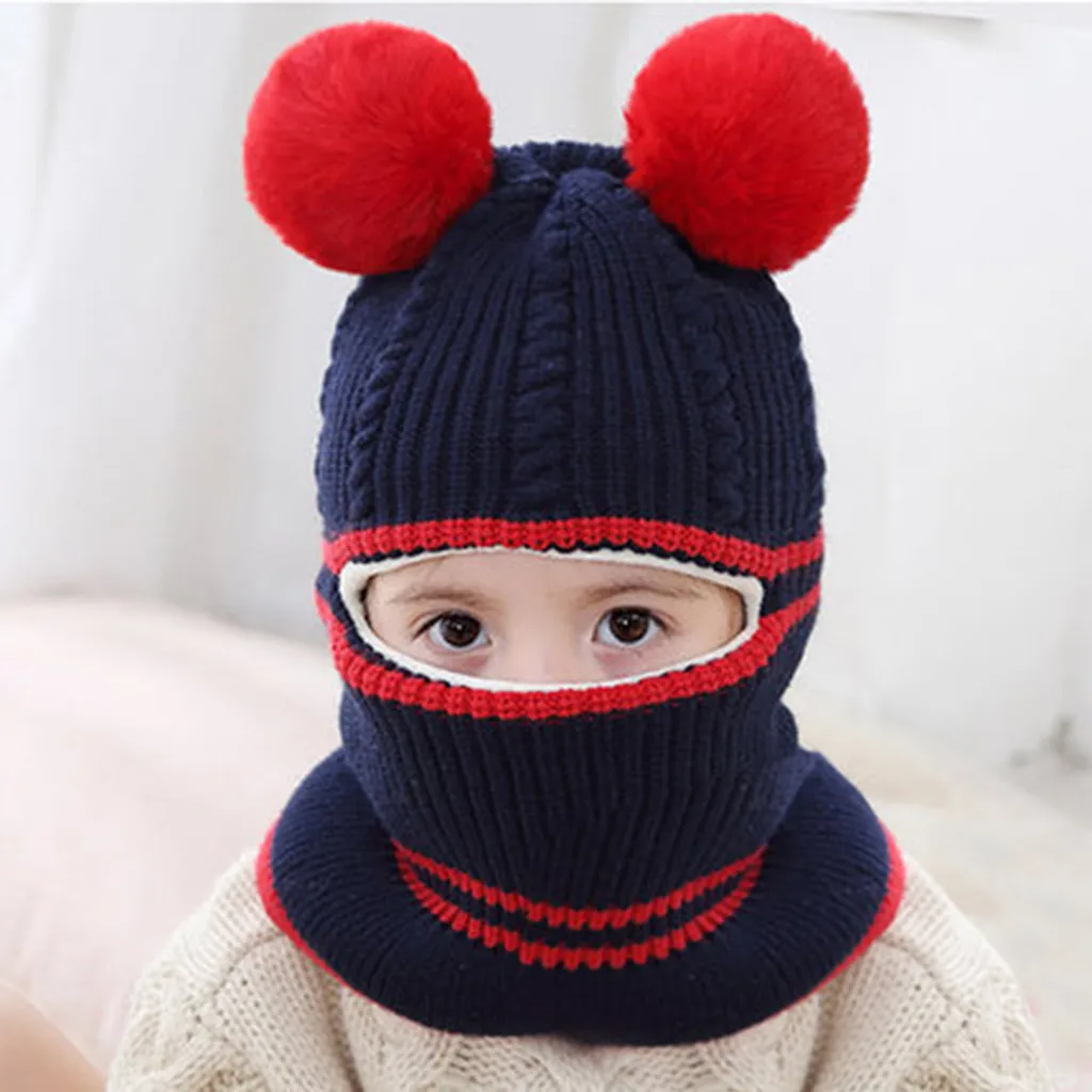 aby Hat Scarf One-pieces Baby Boys Girl Pompon Hats for Kids Winter Warm Knit Crochet Beanie Cap Scarf Children Caps 2-5Y