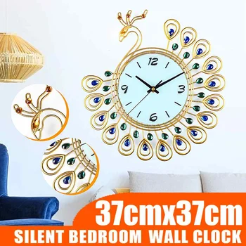 

Large 3D Gold Diamond Peacock Wall Clock Metal Watch for Home Living Room Decoration DIY Clocks Crafts Ornaments Gift 37x37cm