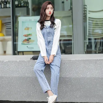 

Cowboy Suspender Pants Women's 2020 Spring And Autumn New Style Korean-style Students High-waisted Versatile Slimming with Holes