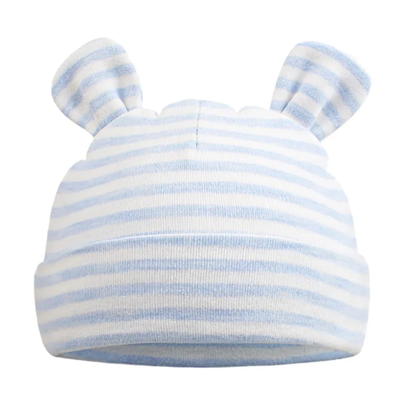 Blue Stripe Bear Хлопковая шапочка с бантиком для новорожденных, милая шапка для маленьких девочек, Весенняя мягкая детская шапочка для больницы, одноцветная шапка в полоску для маленьких мальчиков 0-6 месяцев - Цвет: Blue Stripe Bear