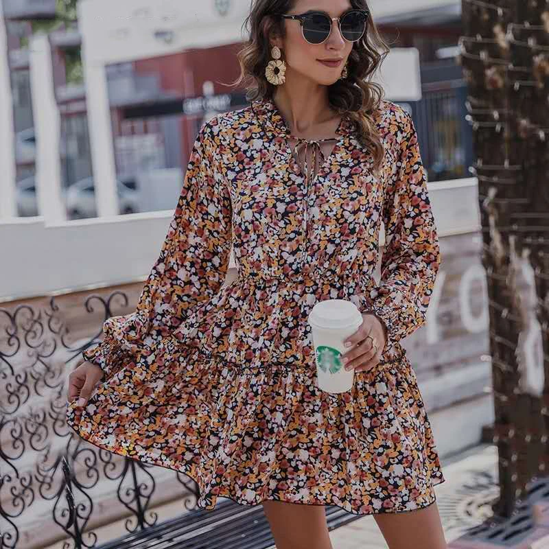 

Female Dress Lace Up Bow Sleeve Ruffles High Waist A-line Autumn Floral Print Women Elegant Chic Slim