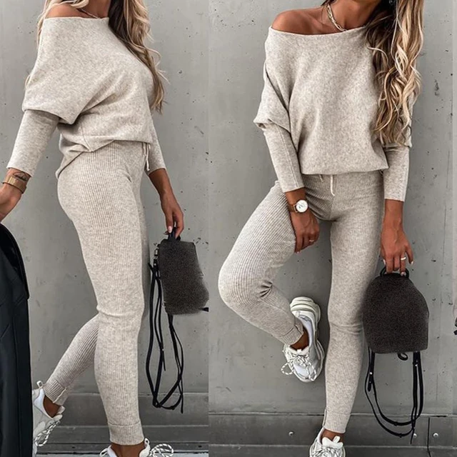 Tracksuit 2 Piece Set Autumn Winter Pullover Top Long Pants Sports Suit Female Sweatshirt Sportswear Suit For Woman Brown