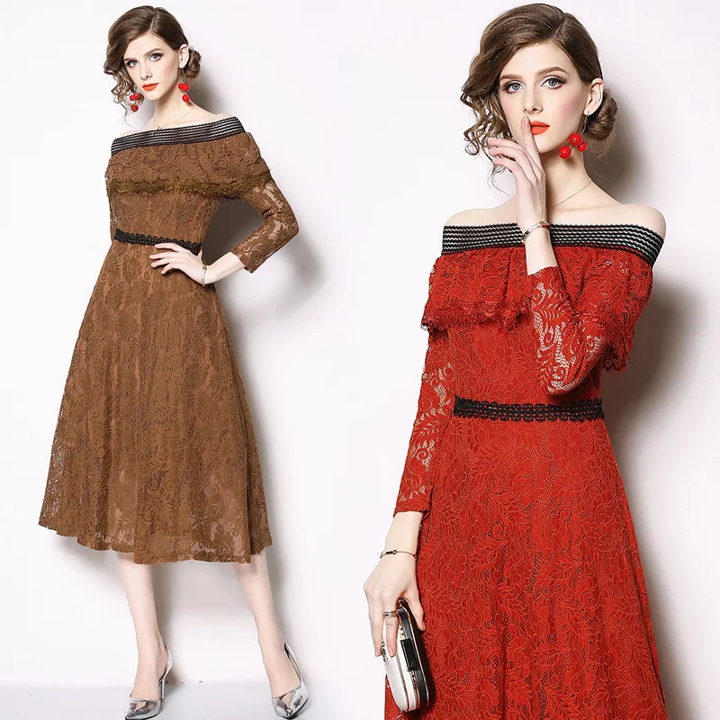 

Ozhouzhan 2018 Early Spring New Style Slim Fit A- line Skirt Horizontal Neck Ninth Sleeve Lace Splicing Dress Skirt
