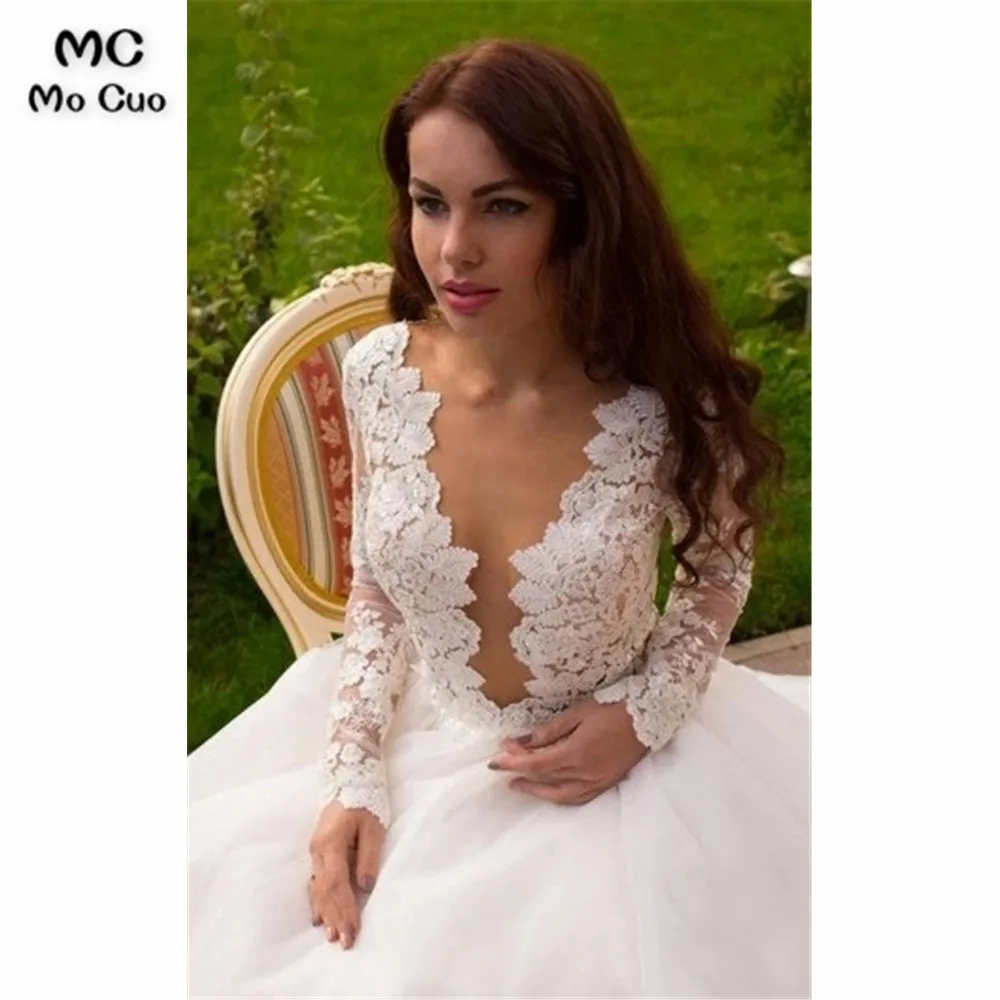 Boho Princess A-Line V-Neck Tulle Ivory Long Sleeves Wedding Gowns  (3)